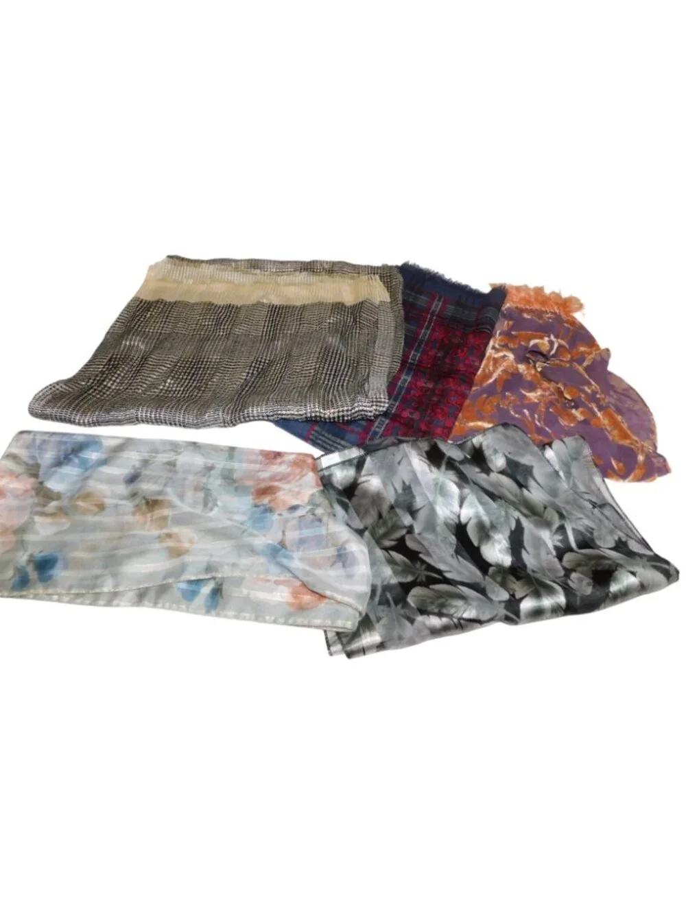 Assorted Womens Scarves Lot Of 5 Floral Plaid Designs Fringe Burnout 52
